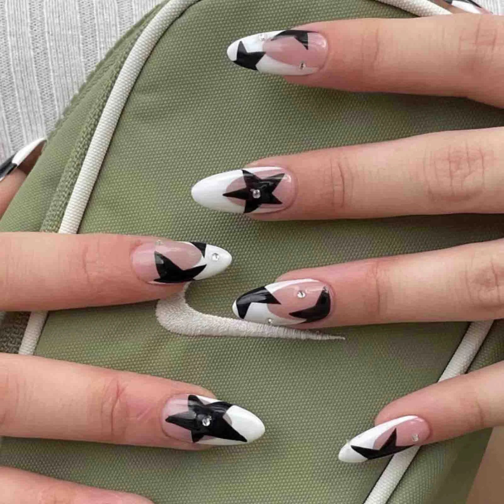 Black French Coffin Ballet Press on Nails Butterfly Pattern False Nails with Rhinestone Design Wearable Manicure Fake Nail Tips